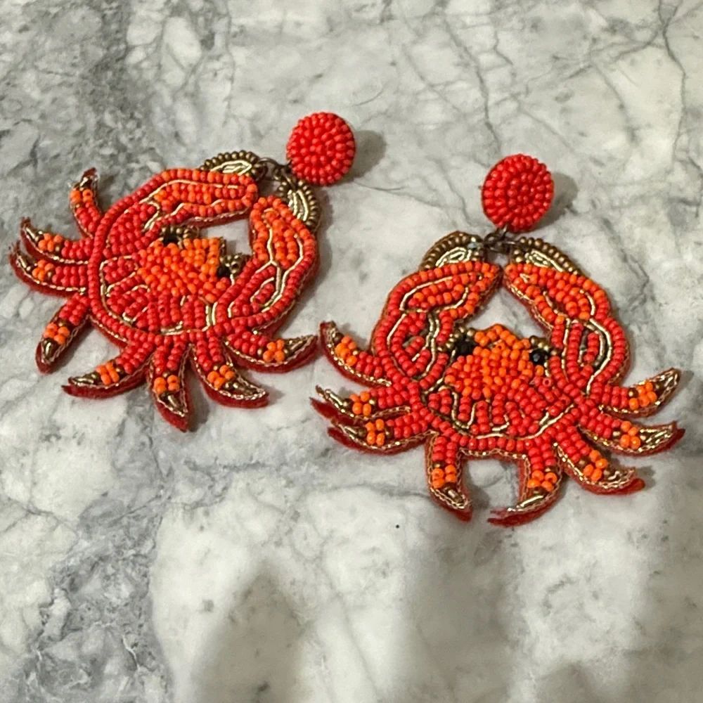 Beaded Crab Drop Earrings - Red Orange Statement Earrings - Picture 2 of 5